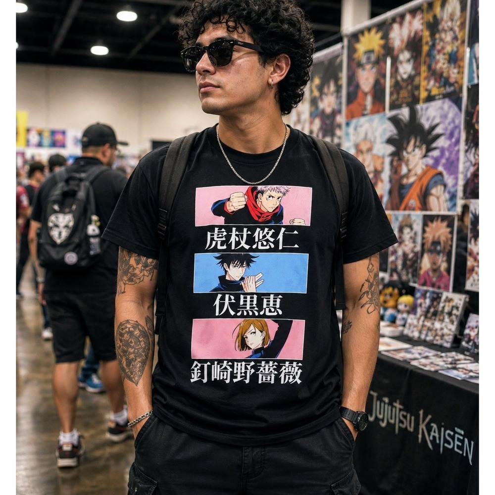 Jujutsu Kaisen Yuji Megumi Nobara Anime Graphic T-Shirt Crunchyroll Black  Sz L